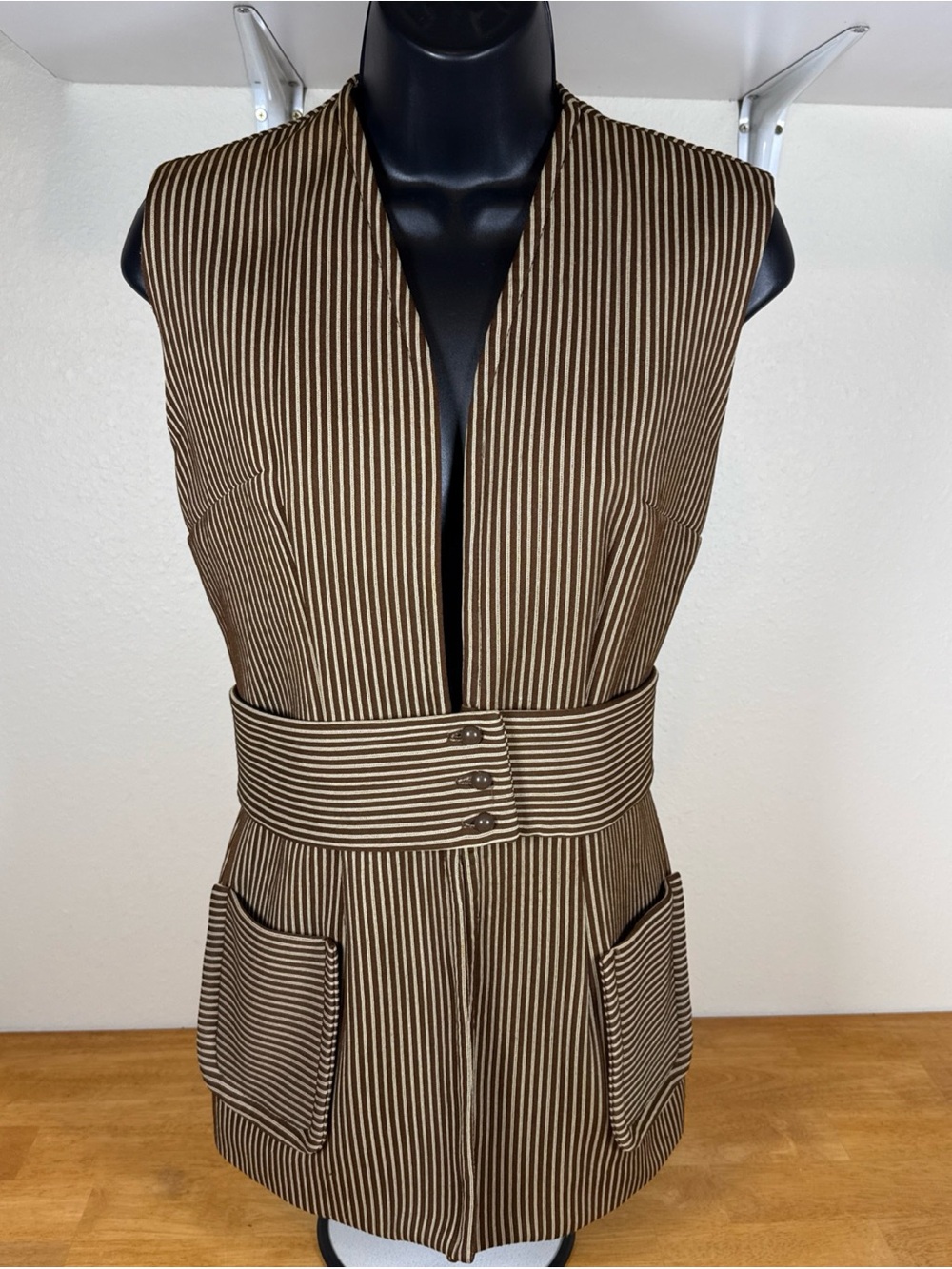 Vintage 70s Brown And Cream Polyester Belted Striped Vest Small 7-8 Retro Pocket